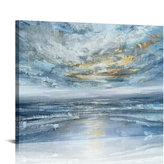 Jiayy Abstract Wall Art for Living Room Large Framed Light Blue Canvas Print Coastal Theme Artwork Modern Ocean Skyline and Sunset & Sunrise in the Seaside Painting for Home Bedroom Décor