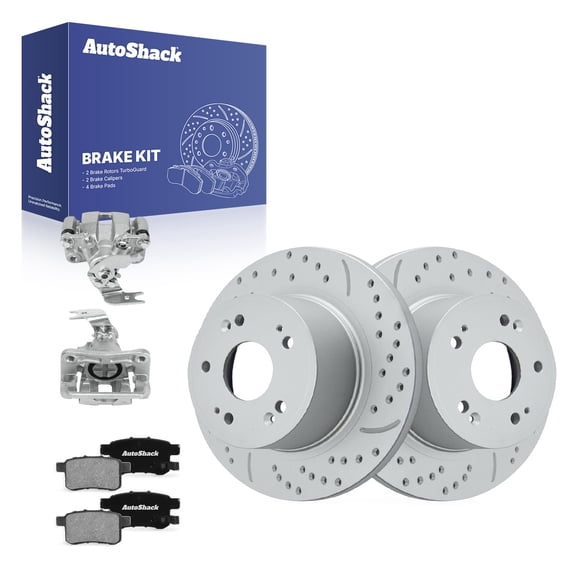 AutoShack Rear Solid Drilled & Slotted Coated Brake Rotors Silver Matte Finish   Ceramic Pads   Calipers 8-PC Brake Kit Replacement for 2013-2017 Honda Accord TurboGuard 11.1" (282 mm)