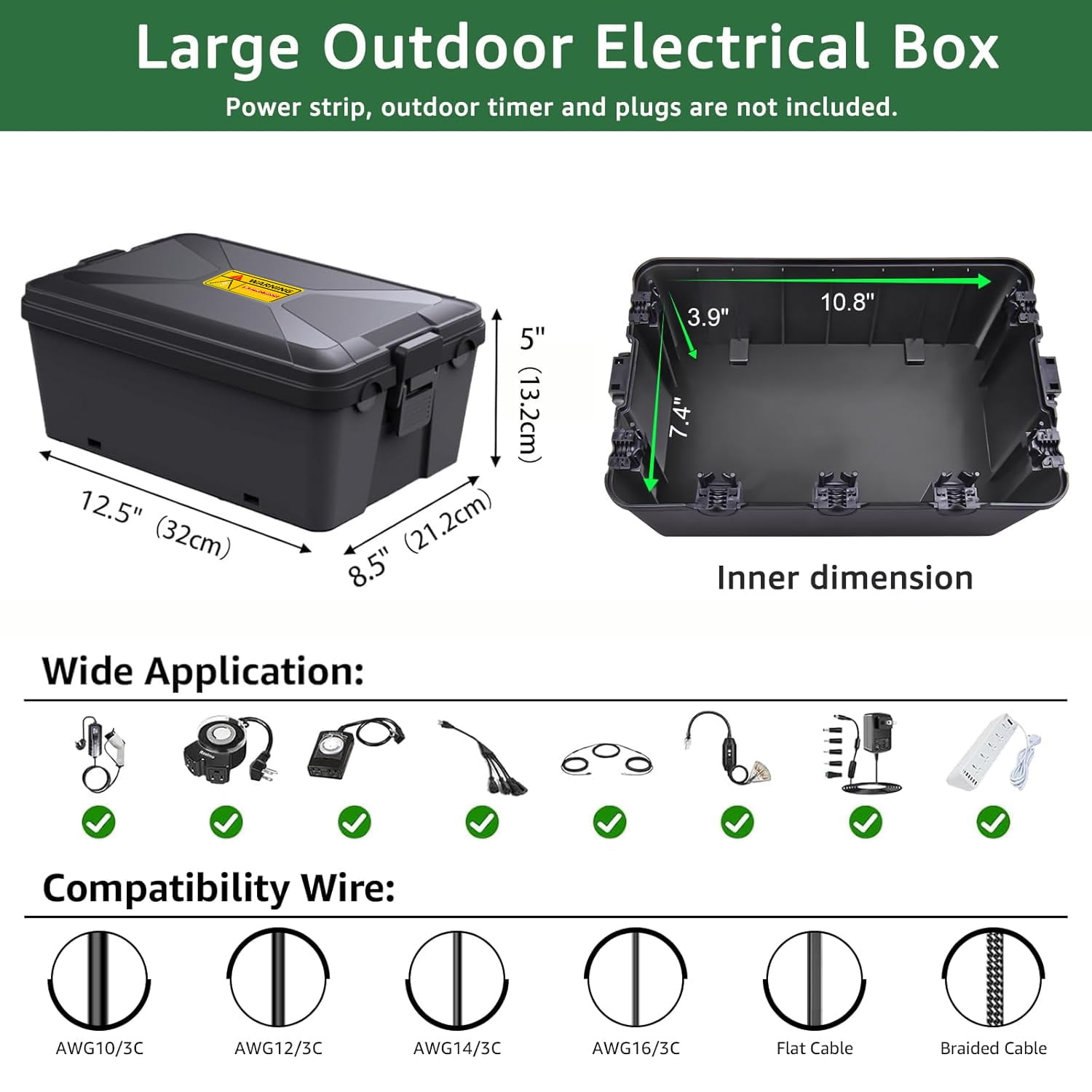 Greencycle Large Outdoor Electrical Box Waterproof (12.5 x 8.5 x 5 inch), IP54 Extension Cord Cover Weatherproof w7 Cable Seal Entry,Protect Outlet, Plug, Timer, Power Strip, Holiday Light, Black,4PK