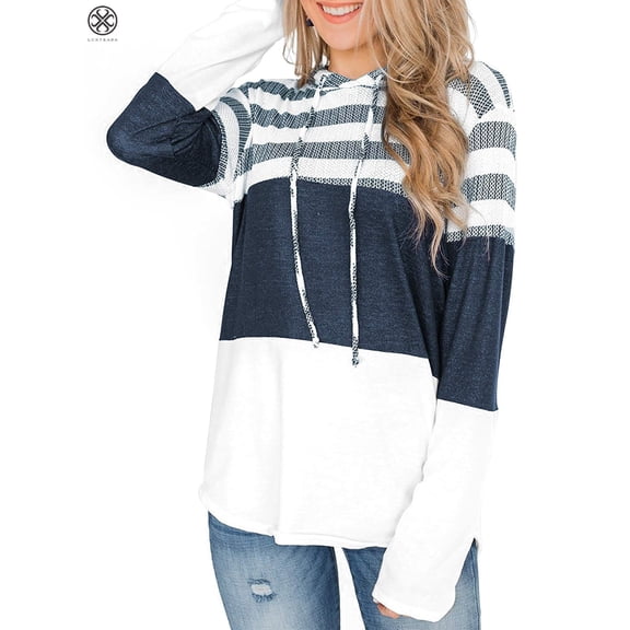 Luxtrada Women Casual Hoodies Sweatshirt Lightweight Striped & Color Block Drawstring Long Sleeve Relaxed Fit Pullover Shirt Top (Size,S)