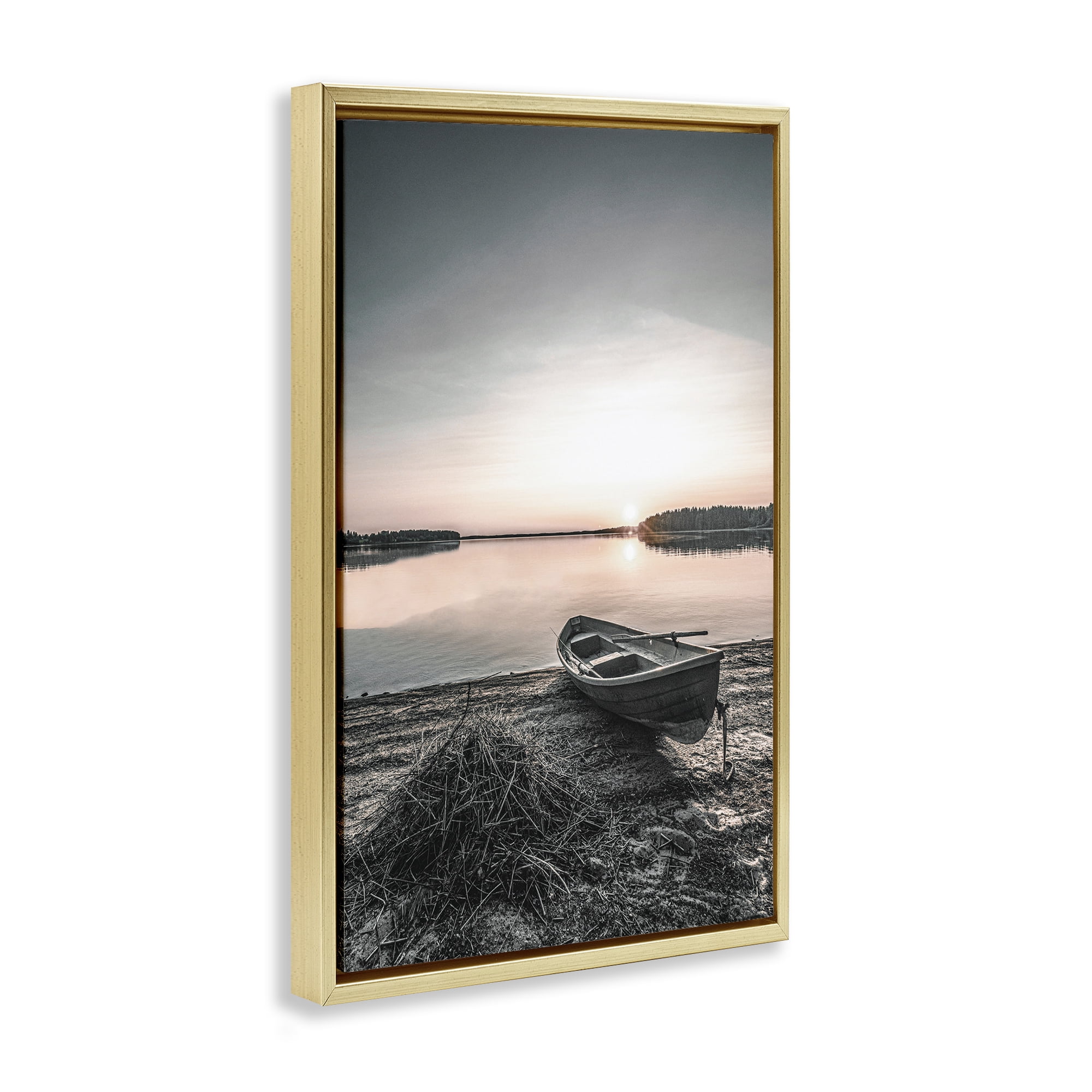Stupell Industries Deserted Canoe on Shore Landscape Photography Gold Floater Framed Canvas Art Print Wall Art, 17 x 25
