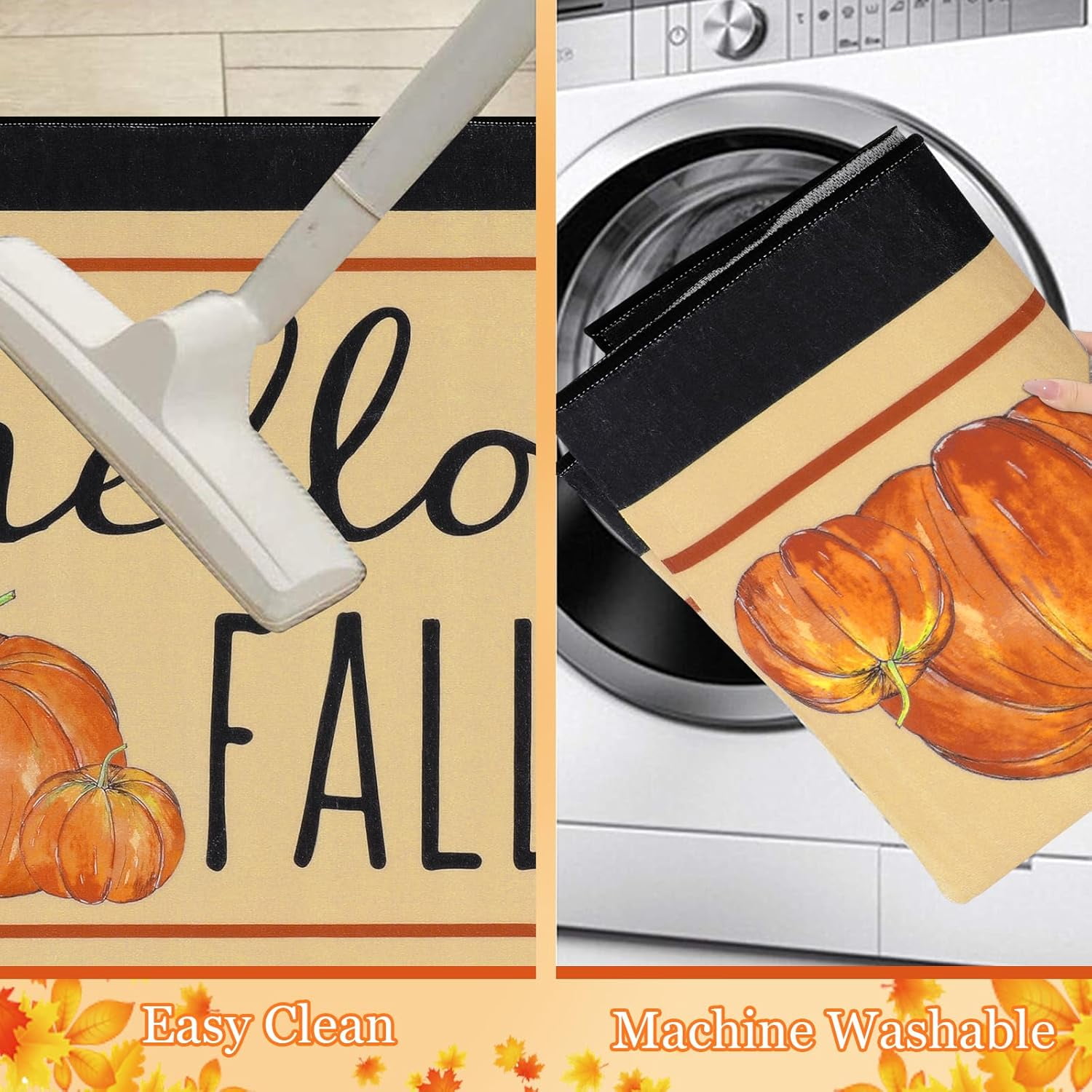 HEBE Fall Door Mat 20"x32" Non Slip Pumpkin Welcome Doormat Buffalo Plaid Doormats for Autumn Harvest Thanksgiving Farmhouse Large Entrance Doormat Low Profile Floor Carpet Mat Washable