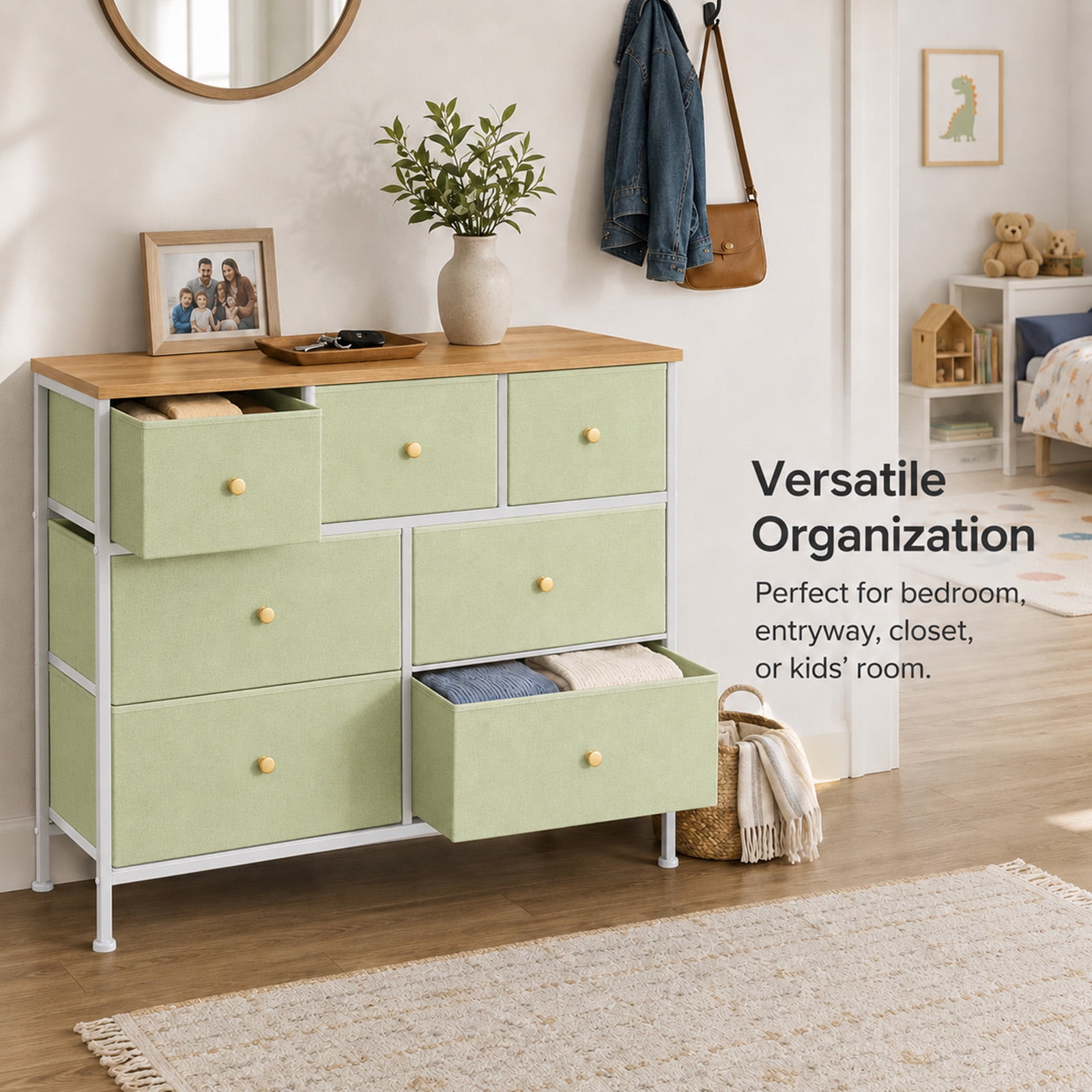 Alvantor 5/7 Drawer Fabric Dresser, Storage Tower for Bedroom and Closet, Chest of Drawers with Sturdy Steel Frame & Wooden Top for Living Room, Entryway