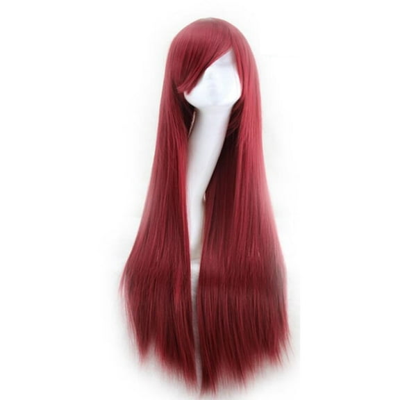 PreAsion 31.5inch Wine Red Long Straight Wig Hair Side Bangs 150% Density (Lace Front)