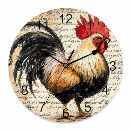 Wall Clock 14 inch Retro Rooster Battery Operated Clocks Silent Non-Ticking Wallclock Vintage Letter Round Decorative Wall Clocks for Home Office School