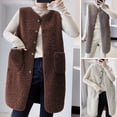 thumbnail image 2 of comerut Fall Winter Women Vest Coat Round Neck Loose Mid Length Sleeveless Single-breasted Pockets Cardigan Warm Thick Outwear Waistcoat, 2 of 8