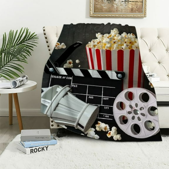 JRXY Vintage Cinema Ticket Sherpa Blanket Movie Theater Theme Throw Blanket Filmstrip Printed Home Decorative Plush Blanket for Bed Sofa Couch Bedroom Decor Warm Fuzzy Blanket Throw White
