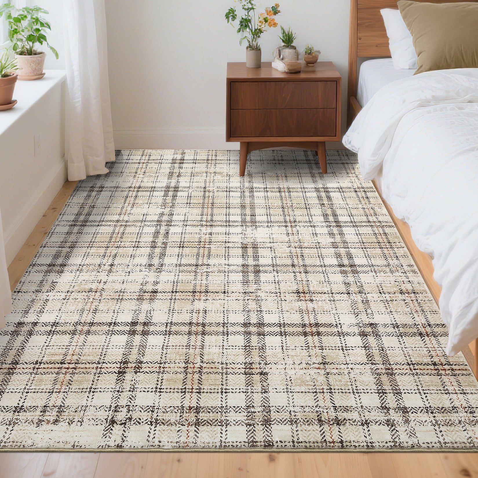 Garvee Washable Rug 6x9 Modern Plaid Area Rug, Non Slip Stain Resistant Rug Geometric Carpet for Living Room Bedroom Home Office, Beige