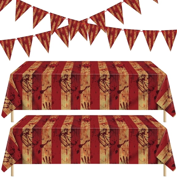 Kochorie 4 Pack Horror Circus Halloween Decor Set, Bloody Disposable Plastic Tablecloths & Creepy Carnival Striped Pennant Banners