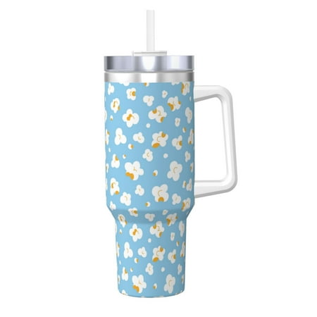 

Gaeub Blue Popcorn Print Stainless Steel Hot/Cold Coffee Cup 40oz Ice Bully Cup With Handle And Straw Travel Coffee Cup