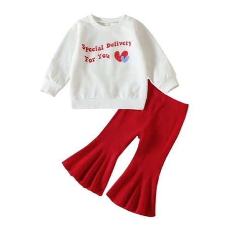 

Toddler Kids Baby Girl Christmas Outfits Cute Long Sleeve Letters Christmas Tree Print Sweatshirt Tops Flared Pants Spring Autumn Pullover Bell-Bottom Trousers Clothes Set 0-3 Years
