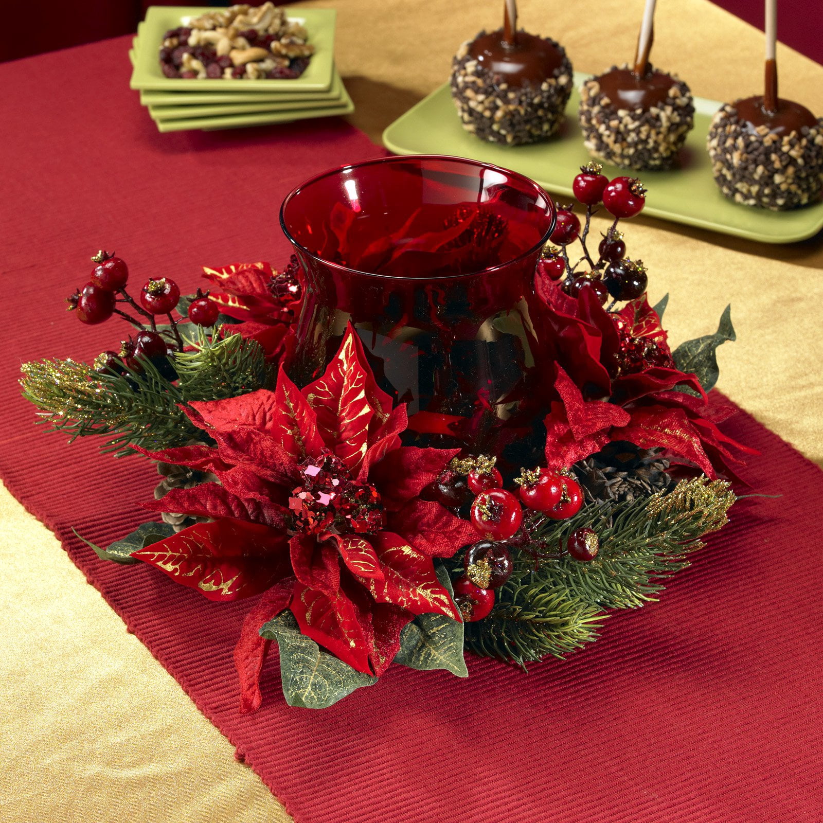 Nearly Natural Red 6.5" Poinsettia & Berry Candelabrum