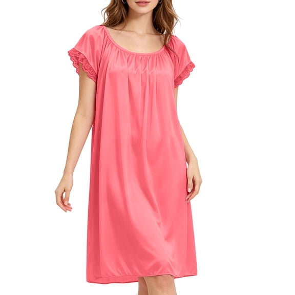 Puntoco Satin Nightgowns for Women Silk Nightgown Pleated Loose Night Shirts Short Sleeve Sleep Shirts