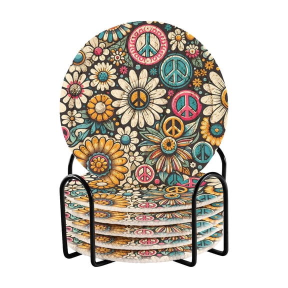 Daisy Flower Peace Symbol 6 Pcs Drink Coasters with Holder Absorbent Coasters Woven Coasters for Drinks Table Desk Protection Home Decor
