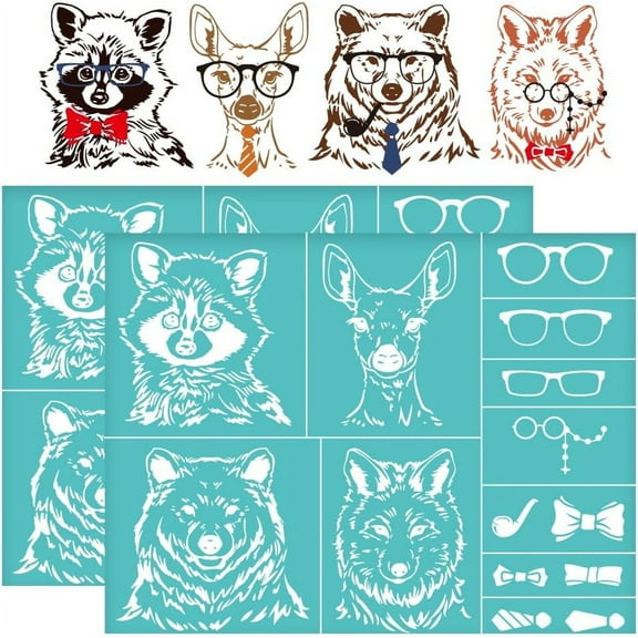 2Pcs 11x8.6 Inch Layered Animal Head Self-Adhesive Silk Screen Printing Stencil Bear Fox Deer Raccoon Silk Screen Stencil Glasses Tie Mesh Stencils Transfer