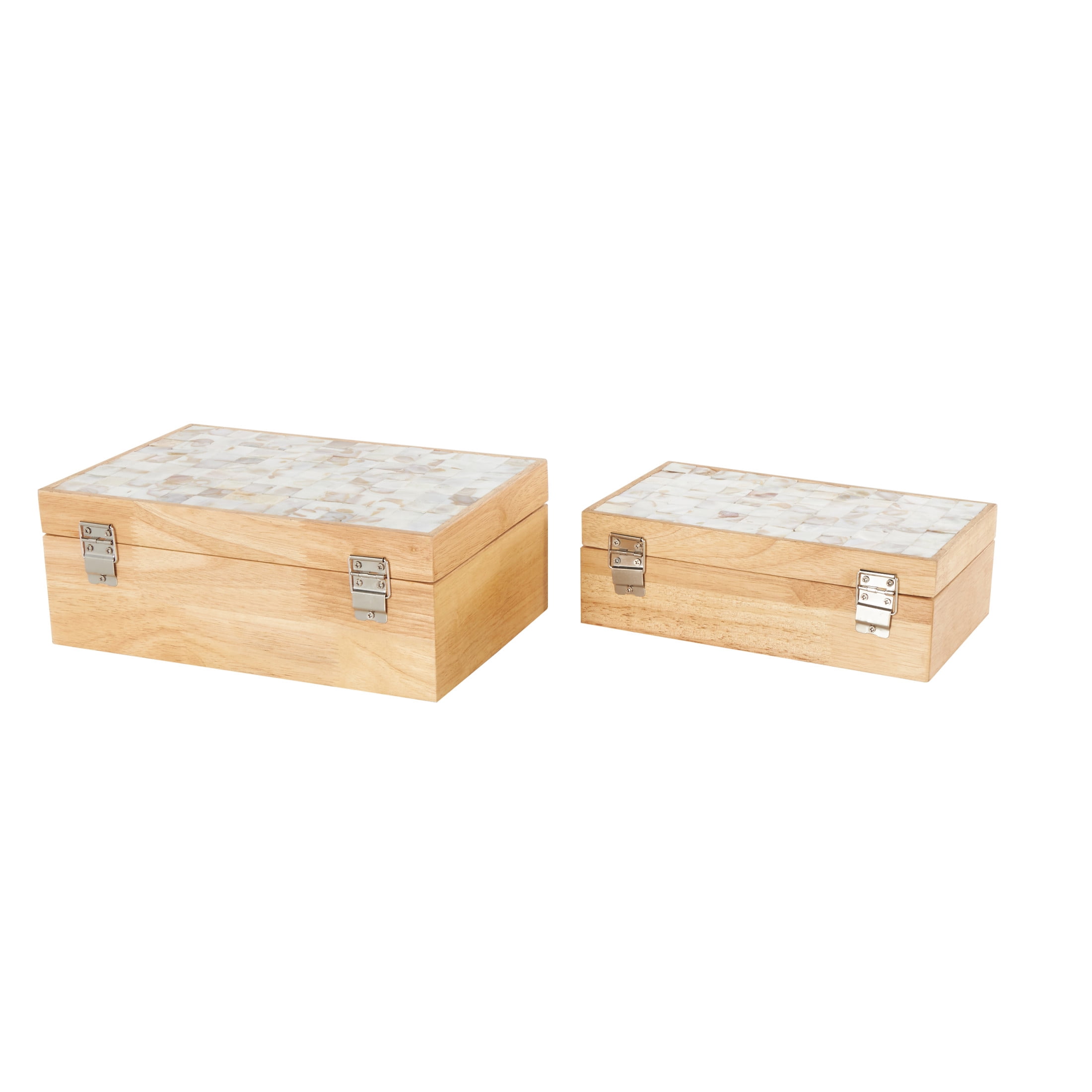 DecMode Handmade Storage Light Brown Wood Decorative Box with Seashell Tops, 2 Count