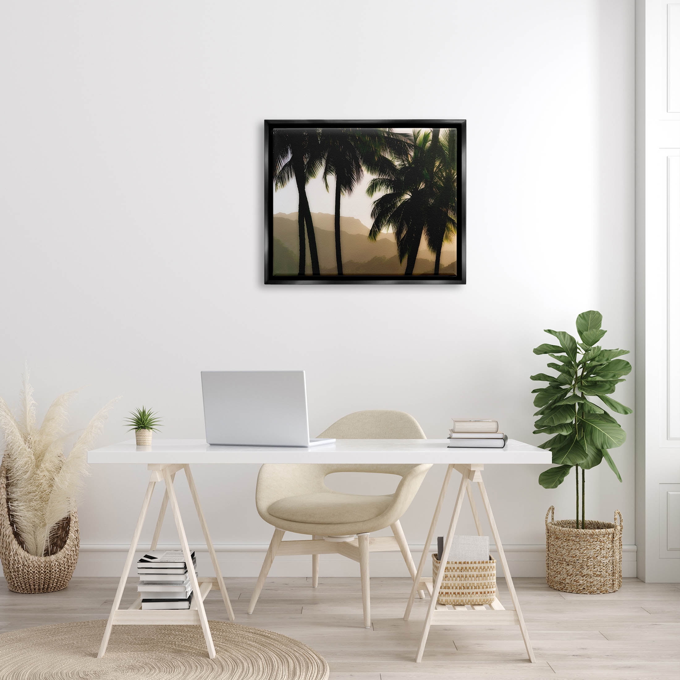 Stupell Industries Sunlit Palm Trees Mountain Peaks Photograph Jet Black Floating Framed Canvas Print Wall Art, Design by Dennis Frates