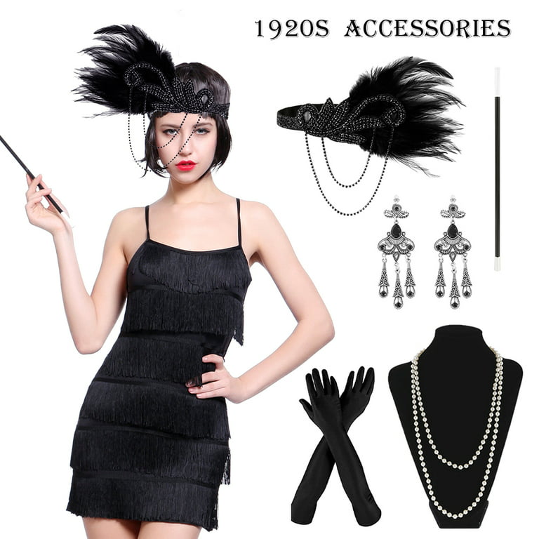 Kuphy 5 Pack 1920s Flapper Accessories Set Feather Headbands Necklace Gloves Cigarette Holder Earrings Gatsby Costume, Women's, Size: 5pcs, Black