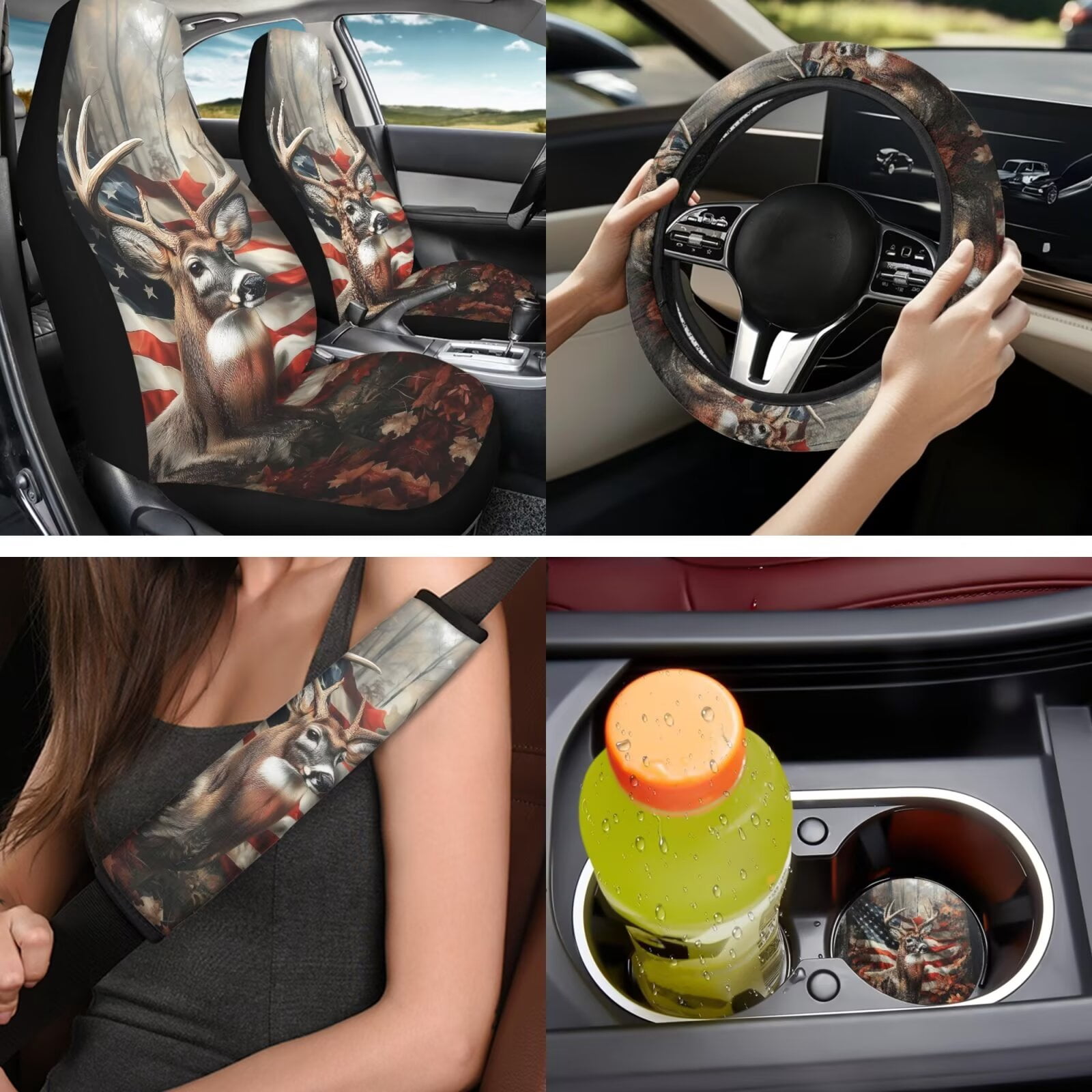 Binienty Hunting Deer Camo Automotive Seat Covers with Car Steering Wheel Cover American Flag Elastic Armrest Cushion Pad Seat Belt Cushion Pad Keychain Automotive Interior Accessories Set