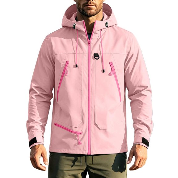 IROINNID Men's Waterproof Hooded Rain Jacket Full Zip Lightweight Outdoor Shell Coat with Contrast Zippers and Adjustable Hood for Hiking Camping Travel