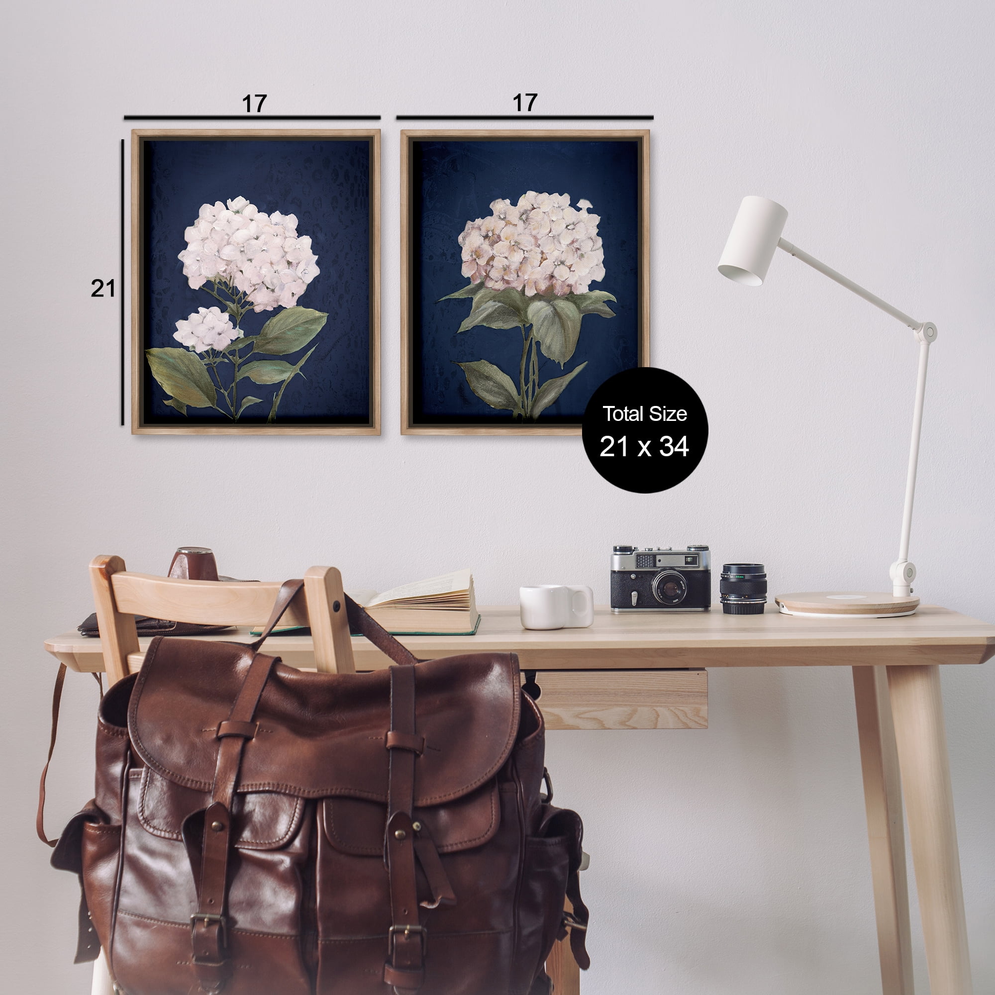 Stupell Industries Hydrangea Flower on Blue Plants & Flowers Painting Brown Floater Framed Canvas Art Print Wall Art, 17 x 21, Set of 2
