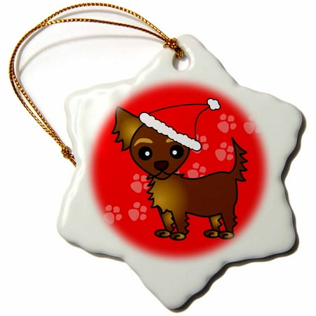 Chihuahua Santa - 3dRose Cute Chocolate Brown Longhaired Chihuahua Red with Santa Hat, Snowflake Ornament, Porcelain, 3-inch