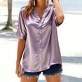 thumbnail image 2 of Htigea Womens Button Down Dressy Shirts Satin V Neck Short Sleeve Pullover Tunic Blouse Summer Work Office Tops Purple M, 2 of 5
