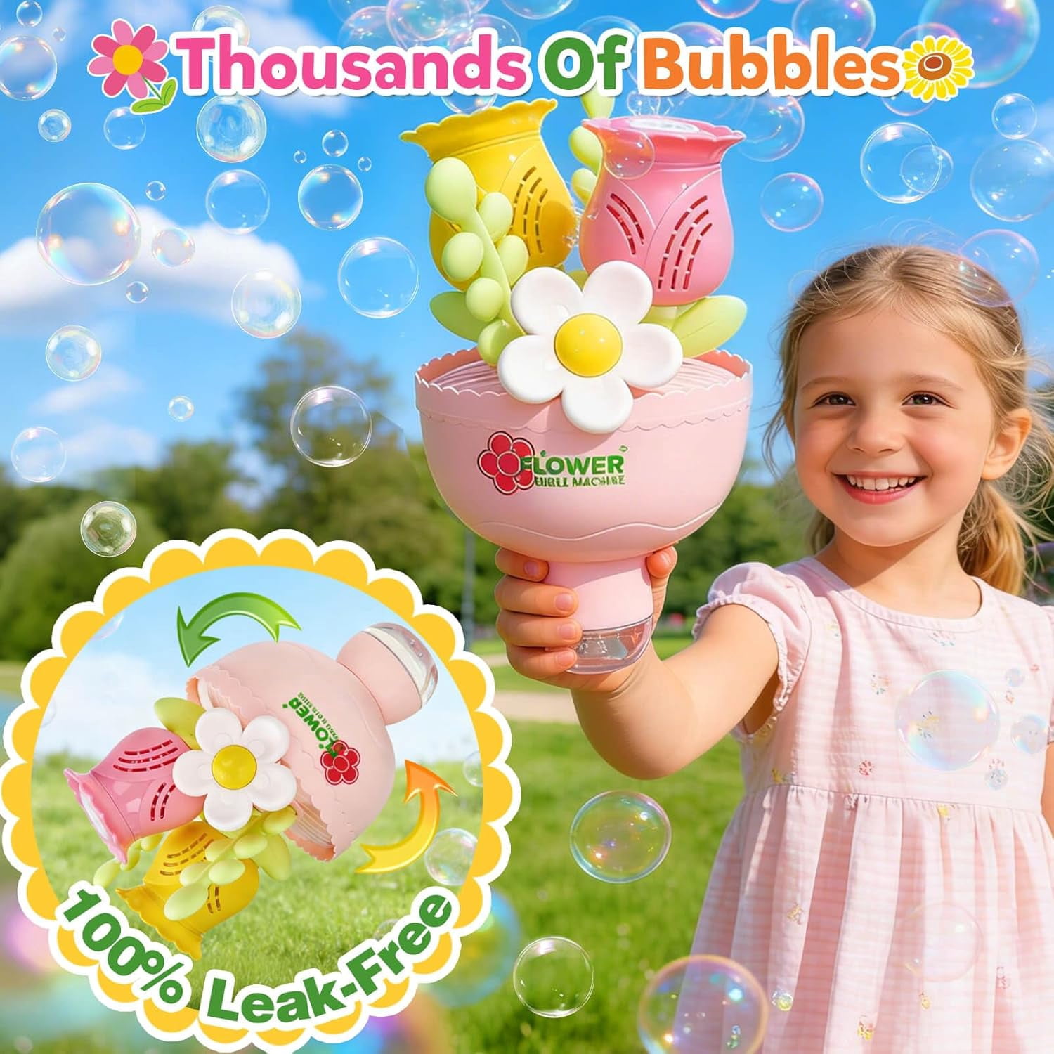 Flower Bubble Machine, Automatic Bubbles with RGB Lights, Rechargeable Outdoor Bubble Blower for Party Wedding Birthday, Portable Summer Fun