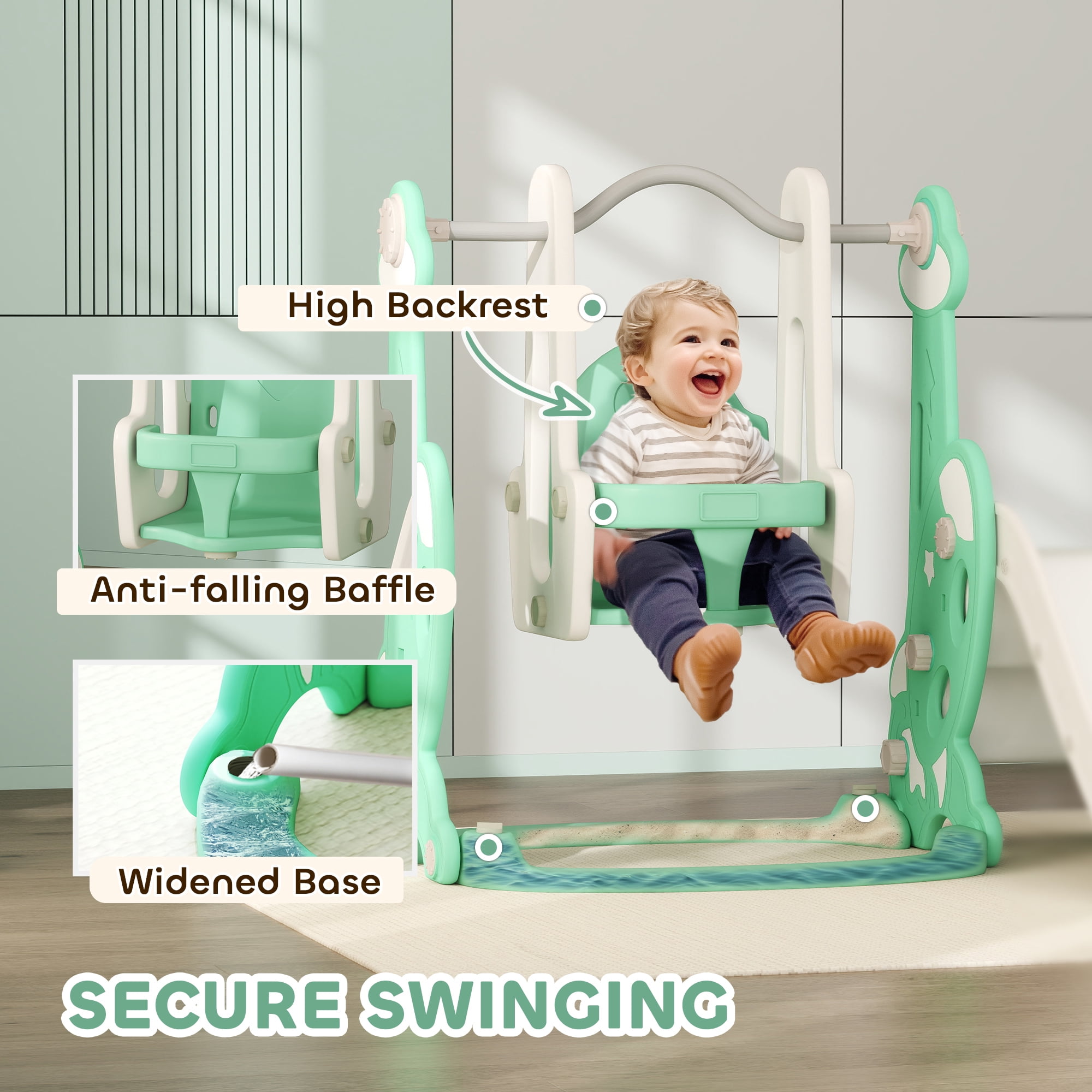Qaba 4 in 1 Toddler Slide and Swing Set, Indoor Kids Slide for Ages 1.5-4, Toddler Playset Playground with Climber, Basketball Hoop, Green