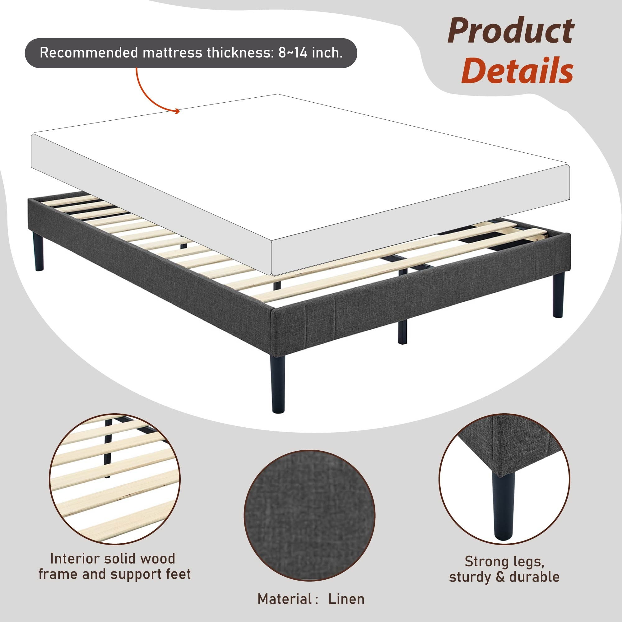 Gewnee Full Size Platform Bed Frame with Wood Slats Support,No-Noise,Easy to Assemble,No Box Spring Required,Gray