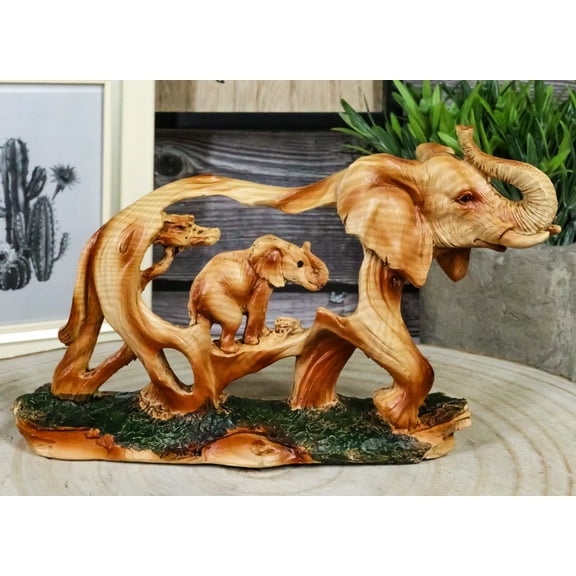 Ebros Gift Faux Wood Elephant Family Migration 4.5 inch Garden Statue
