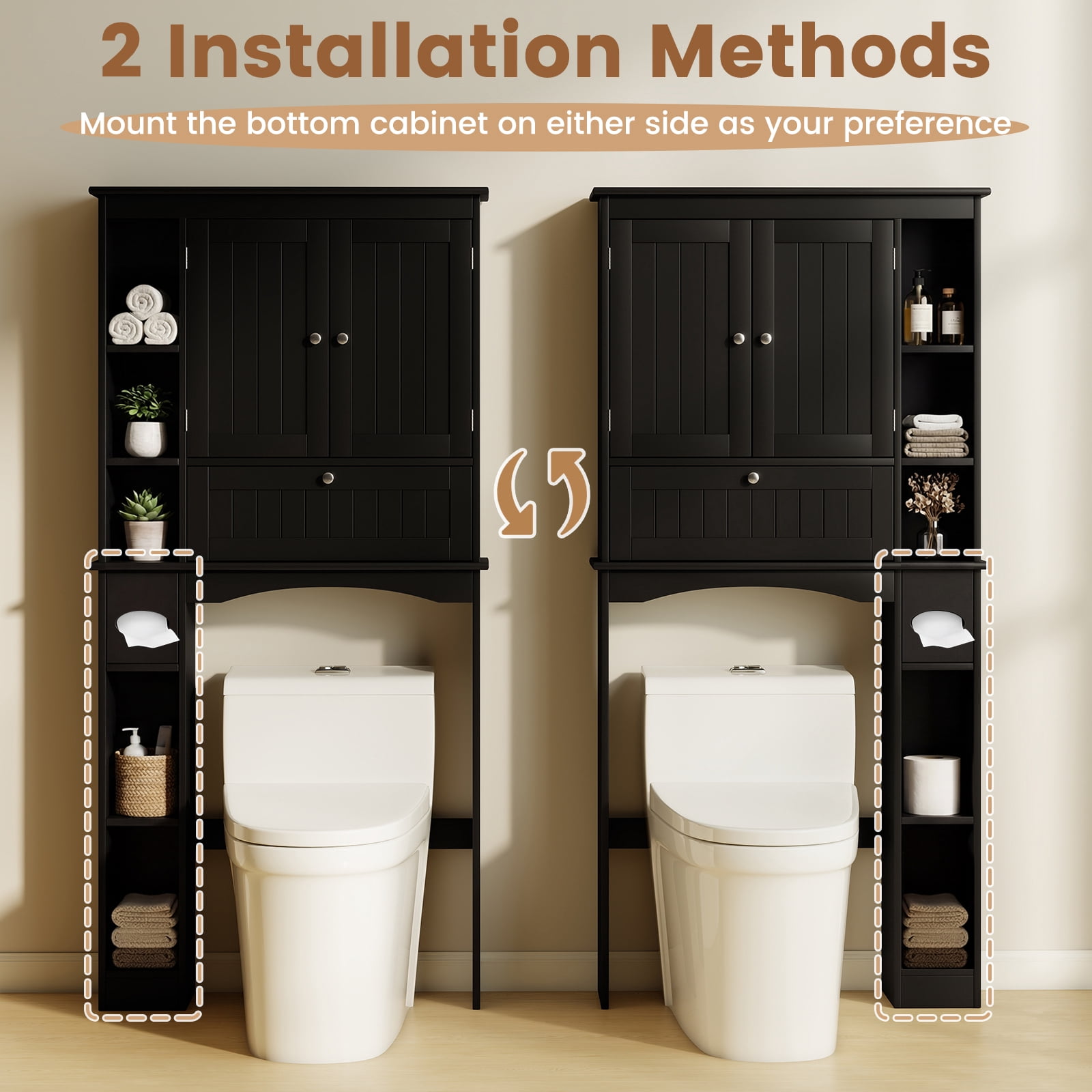 Costway Over the Toilet Storage Cabinet with 2 Doors, Adjustable Shelf & Bottom Bar, Black