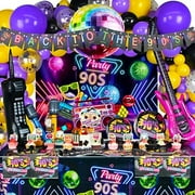 90s Party Decorations 80's 90's Theme Party Bundle includes Inflatable Gitar&Mobile Phone, Back To The 90's Banner, Tablecloth, Cake Toppers, Plates, Napkins, Hip-Hop Backdrop