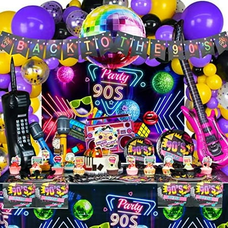 90s Party Decorations 80's 90's Theme Party Bundle includes Inflatable Gitar&Mobile Phone, Back To The 90's Banner, Tablecloth, Cake Toppers, Plates, Napkins, Hip-Hop Backdrop