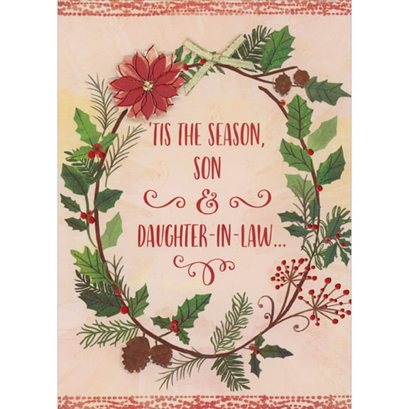 Designer Greetings Dark Red 3D Die Cut Flower, Gold Bow and Pine Cones on Thin Stemmed Wreath with Holly Hand Decorated Christmas Card for Son and Daughter-in-Law