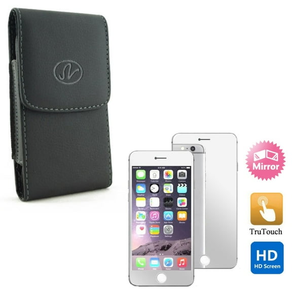 Compatible With iPhone 8 7 6S 6 - Black Vertical Leather Phone Case w Mirror Screen Protector HD Clear