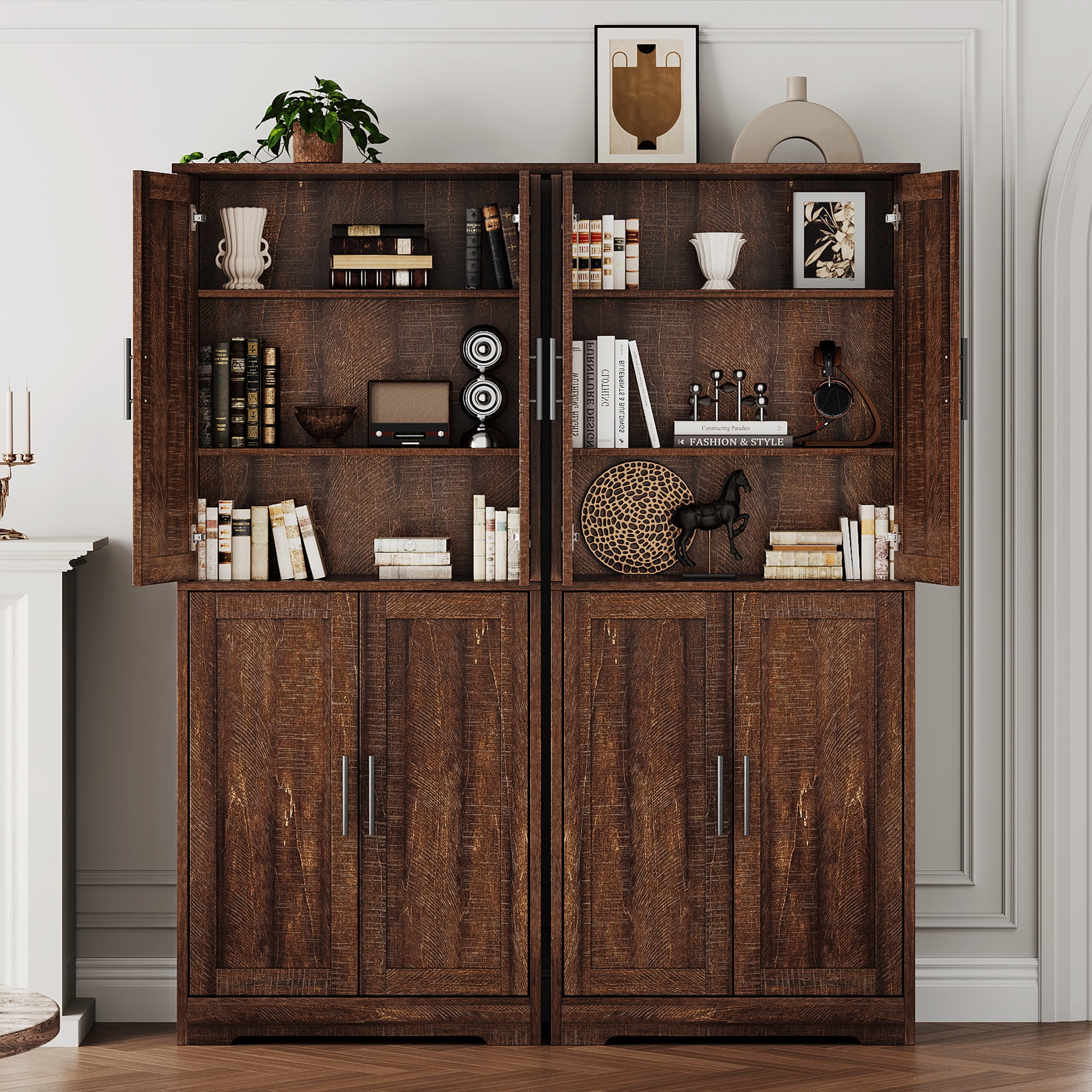 Modern Tall Freestanding Pantry Cabinet, Multipurpose Home Organizer – 70" Storage Cupboard with 4 Doors, Adjustable Shelves, Open Shelf – for Living Room, Bedroom, Bathroom – Brownish-red