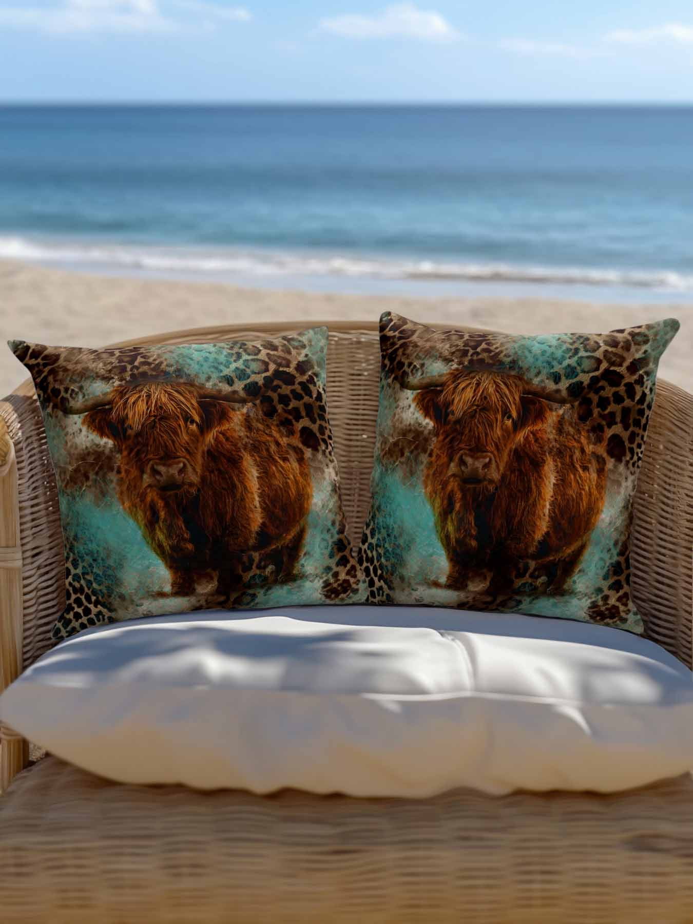 1 Pack Outdoor Throw Pillow, Teal Cow Leopard Waterproof Pillow with Insert Included, Aesthetic Vintage Animals Farmhouse Decorative Accent Cushion Sofa Pillows for Patio Porch, 16 x 16 In