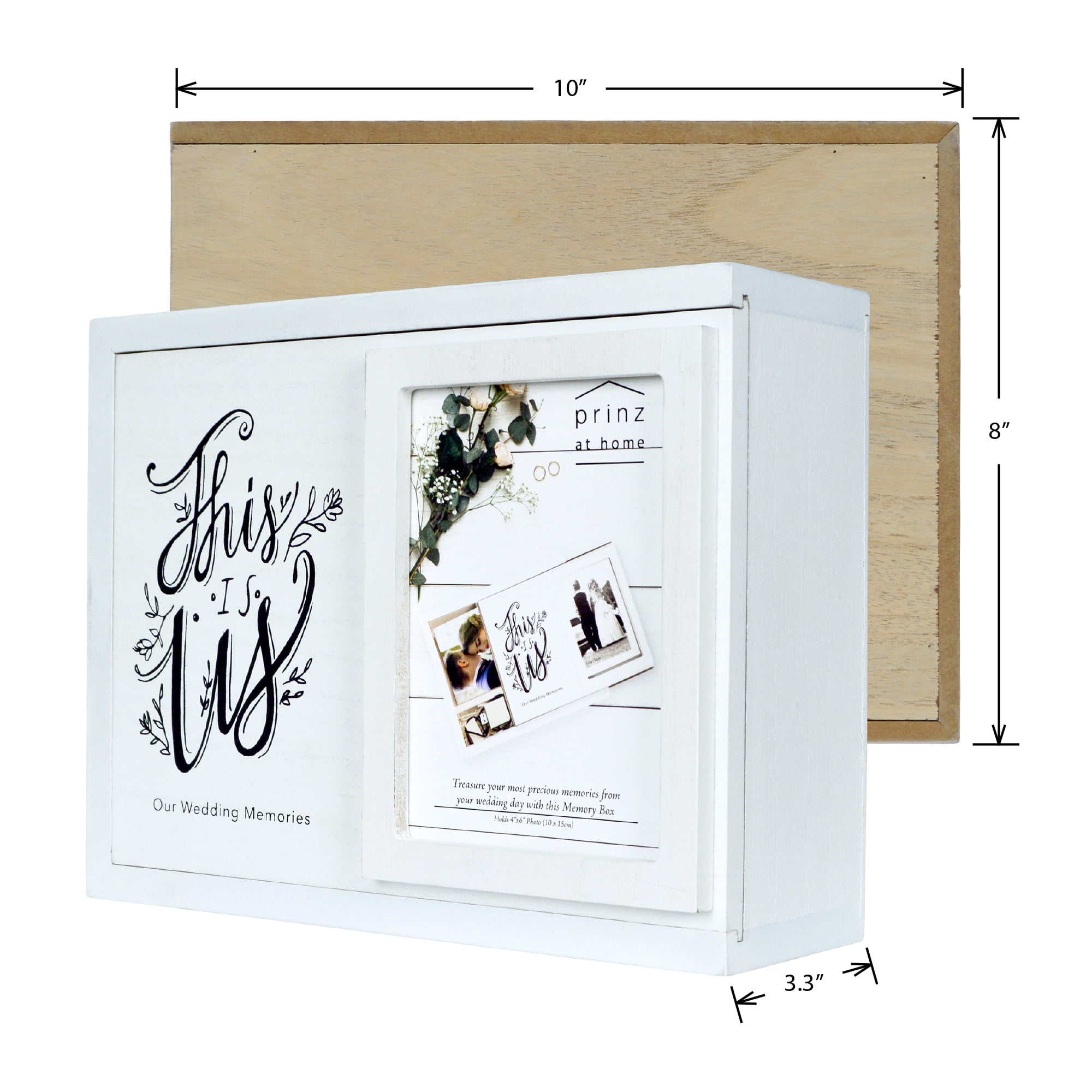 Prinz Decorative Wedding Memories Keepsake Box, Sliding Lid with 4” x 6” Photograph Holder, White