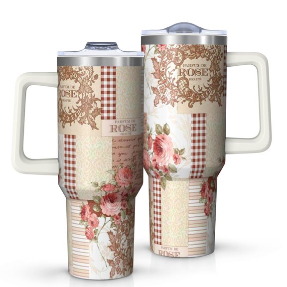 OBREWU Pioneer Flower Tumbler with Handle and Lid,Pioneer Flower 40oz Double Wall Vacuum Insulated Tumbler,Cups Gift for Women and Men