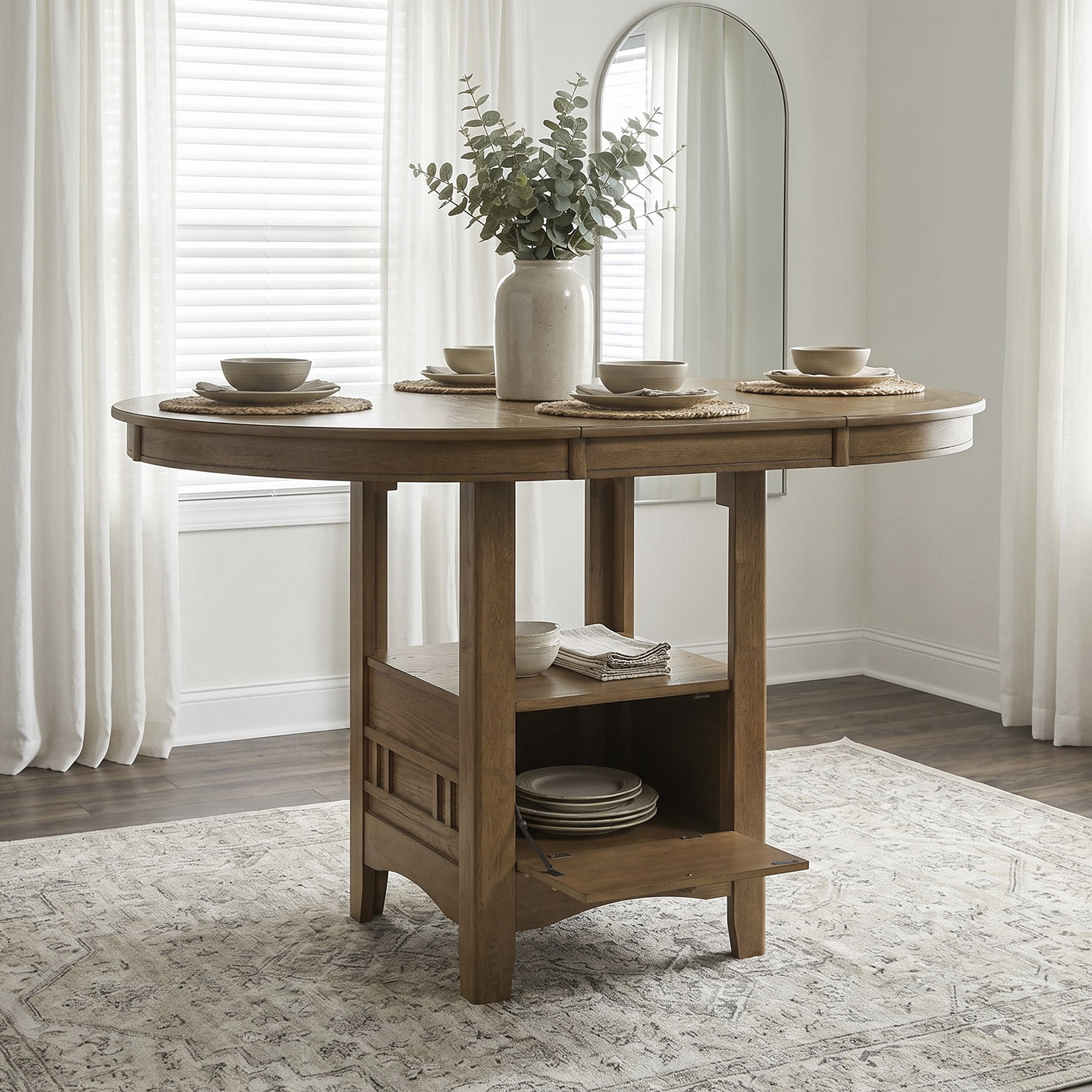 OakvillePark Lume Wood 42"-60" Round/Oval Pedestal Storage Base Counter Height Table, Brown