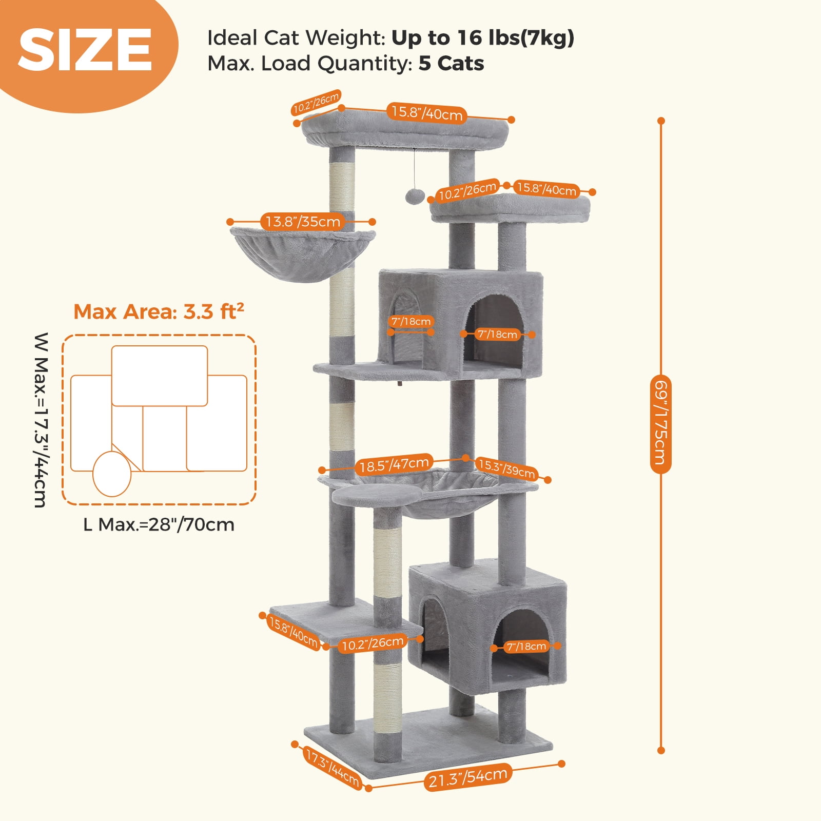 Pefilos 69" Tall Cat Tree for Indoor Large Cats with Hammock, Cat Climbing Tree Tower with Scratching Posts, Condo House and Top Perch, Gray