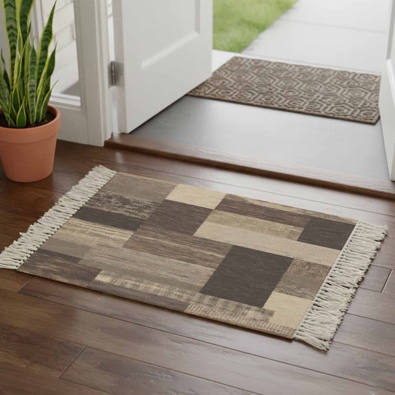 Kitchen Runner Rugs, Vintage Country Wooden Grain 2'x3' Throw Rug with Tassels, Abstract Color Blocks Washable Soft Floor Carpet Runner for Hallway Bedroom Bathroom Laundry Room