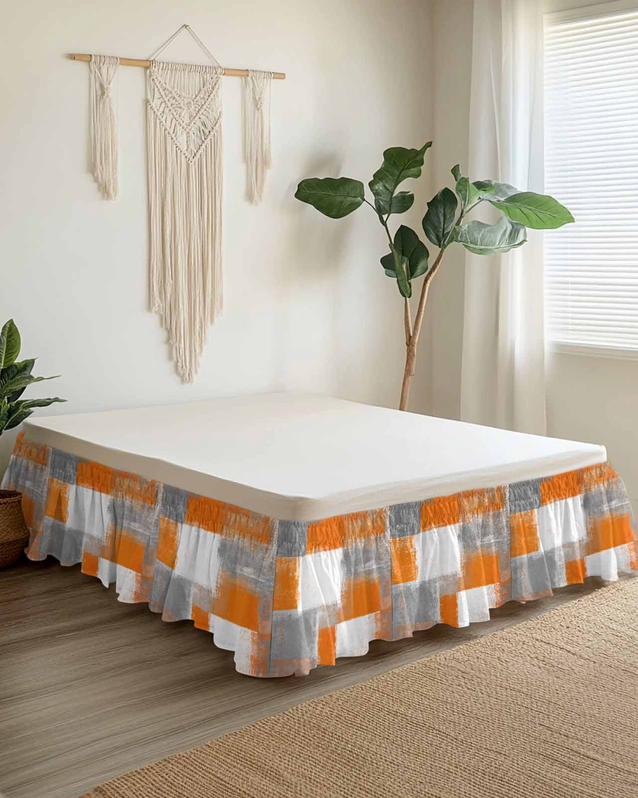 Orange Grey White Modern Wrap Around Bed Skirts for King Bed 16" Drop,Bed Skirt with Adjustable Elastic Belt Dust Ruffle Bed Valance for Bedroom Hotel Luxury Abstract Art Oil Painting Bed Frame Cover