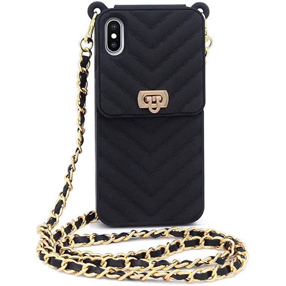 IPhone 11 Pro wallet mobile phone case with neck and messenger chain credit card slot girl women's Silicone shockproof mobile phone case（Black）