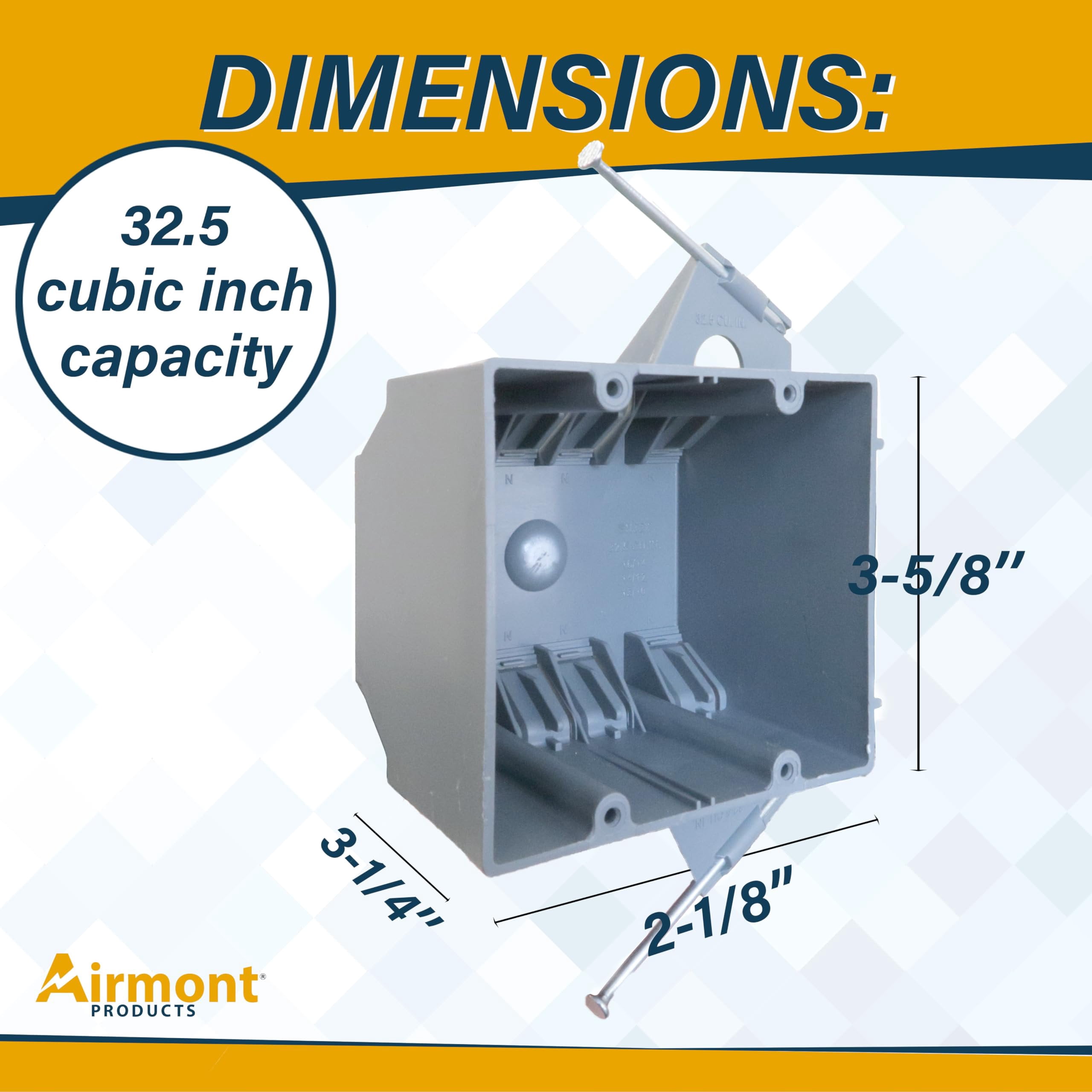 6 Pack 2-Gang PVC Electrical Box, Grey Outlet Box, Two Gang New Work Junction Box, Captive Nails, 32 cu. Inches, Length 3-3/4'', Width 2-1/4'', Depth 2-7/8'', 2 Hour Fire Rated Electrical Box