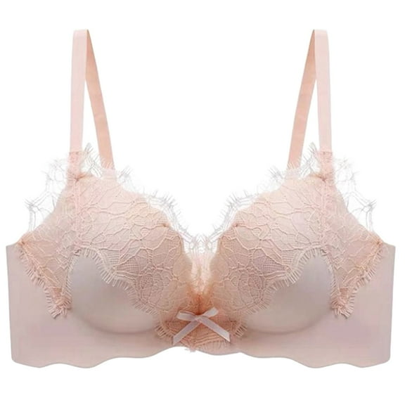 khonts,Women's Lace Push up Wireless Bras Thick Padded Extra Lift Full Coverage Bra Deep V Neck High Support Bralettes Pink 38