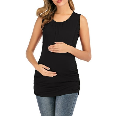 

Vivianyo HD Pregnant Plus Size Woman Round Neck Sleeveless Vest Solid Color Maternity Breastfeeding Clothe Top Rollbacks Black