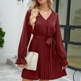 thumbnail image 6 of VSSSJ Women Spring Summer Long Sleeve Solid Color V-Neck Pleated Short Dresses Tie Waist Casual Cocktail Party Elegant Mini Dress, 6 of 6