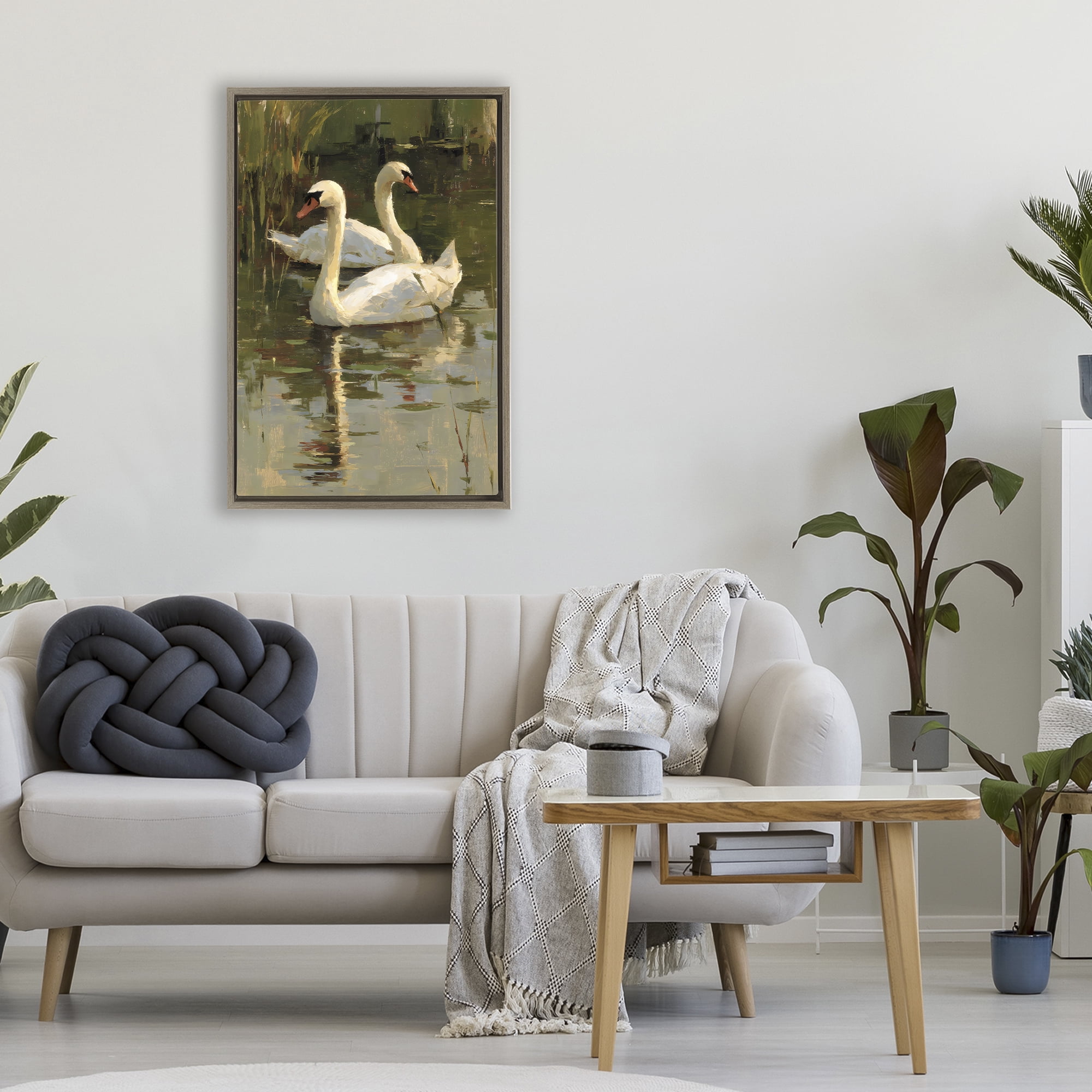 Stupell Industries Swans For A Swim Brown Framed Floater Canvas Wall Art, design by Petal Prints Design